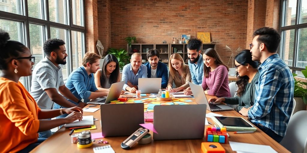 Diverse team brainstorming innovative startup ideas in a bright space.