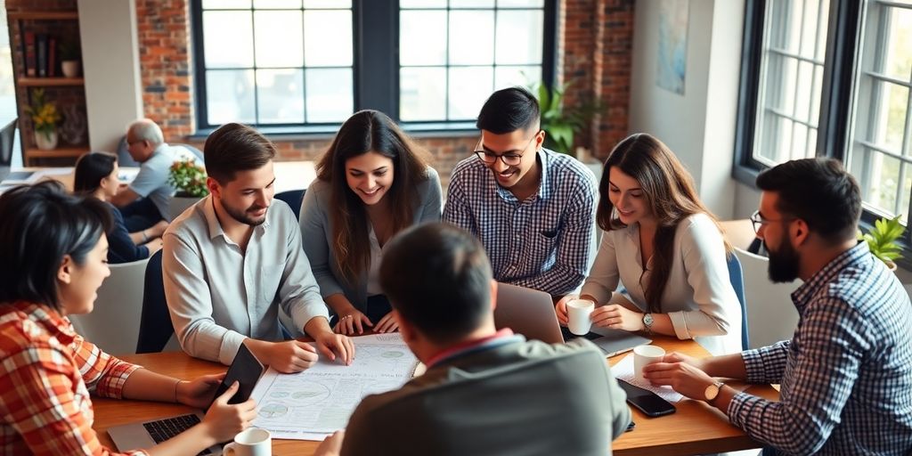 Entrepreneurs collaborating in a modern workspace.