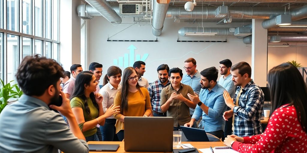 Diverse entrepreneurs brainstorming startup ideas in a modern office.