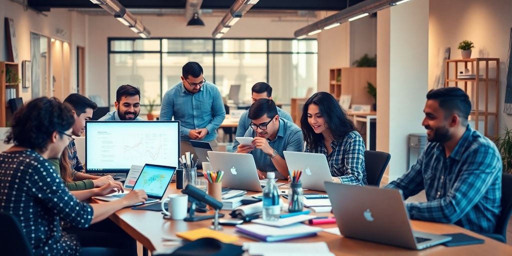 Energetic startup team collaborating in a modern workspace.