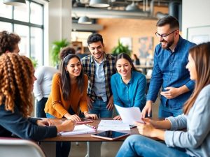 Tineri antreprenori colaborând într-un mediu modern.