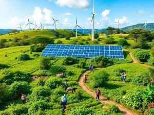 Peisaj verde cu turbine eoliene și panouri solare.