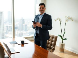 Antreprenor elegant în birou modern, cu vedere panoramică asupra orașului