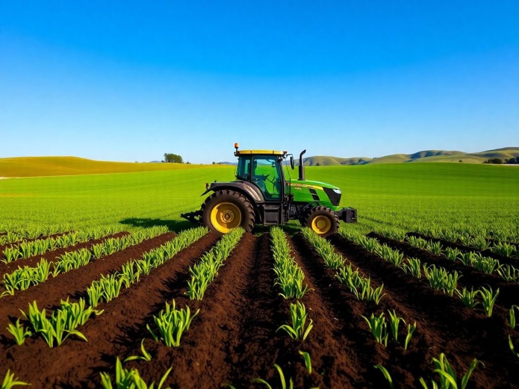 Tractor modern arând un câmp verde luxuriant