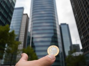 O clădire modernă din sticlă și o mână ținând o monedă.