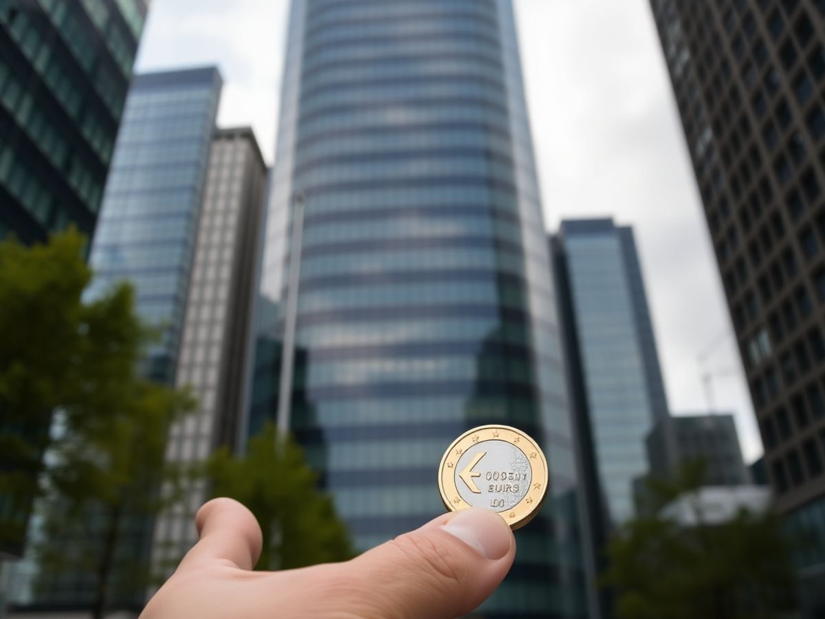 O clădire modernă din sticlă și o mână ținând o monedă.