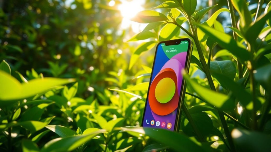 Grădină verde și telefon mobil cu aplicație.