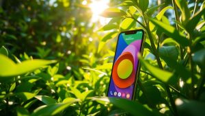 Grădină verde și telefon mobil cu aplicație.