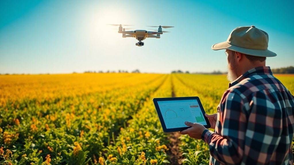 Fermier cu tabletă și dronă în câmp.