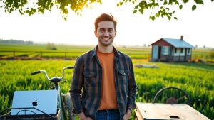 Tânăr antreprenor rural cu laptop și unelte agricole