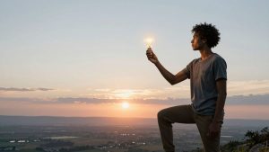 Antreprenor pe munte la răsărit cu o idee luminoasă.